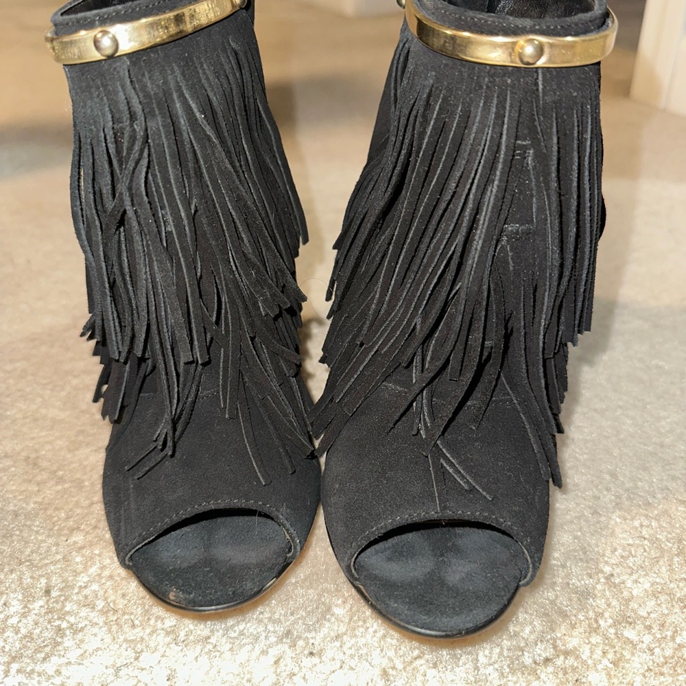 Black Fringe Suede Peep-Toe Ankle Boots Size 7